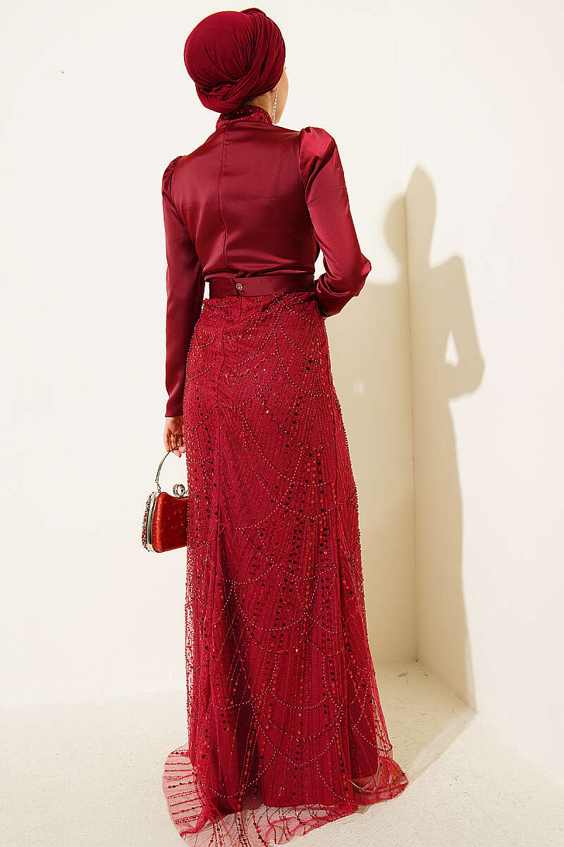 Wrap-Collar Sequin Evening Dress - Burgundy
