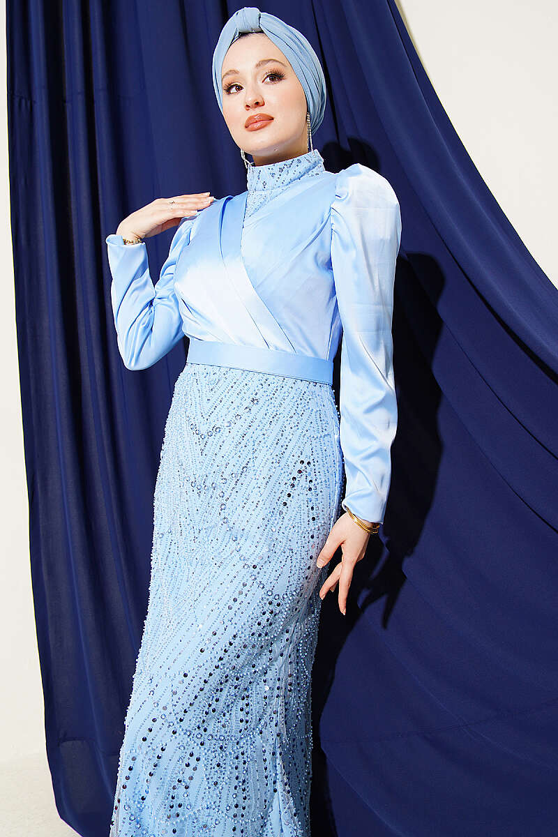Wrap-Collar Sequin Evening Dress - Blue