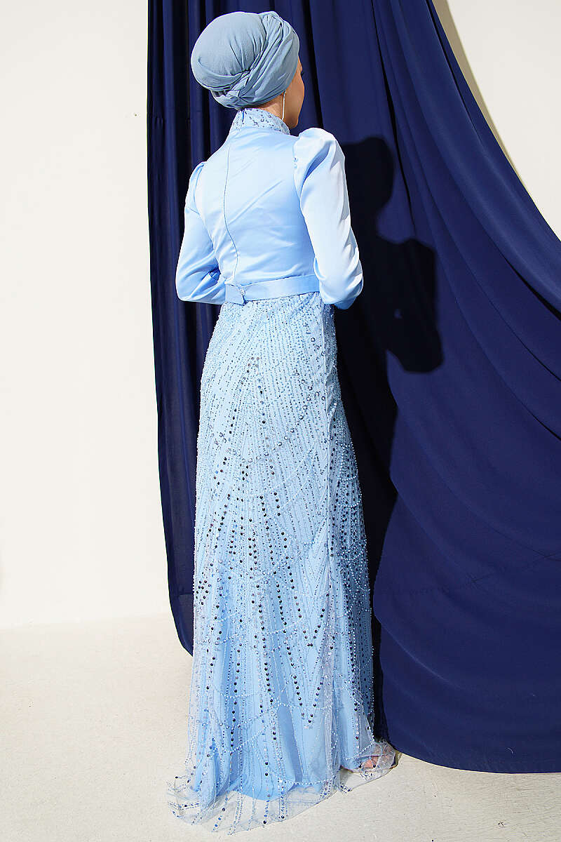 Wrap-Collar Sequin Evening Dress - Blue