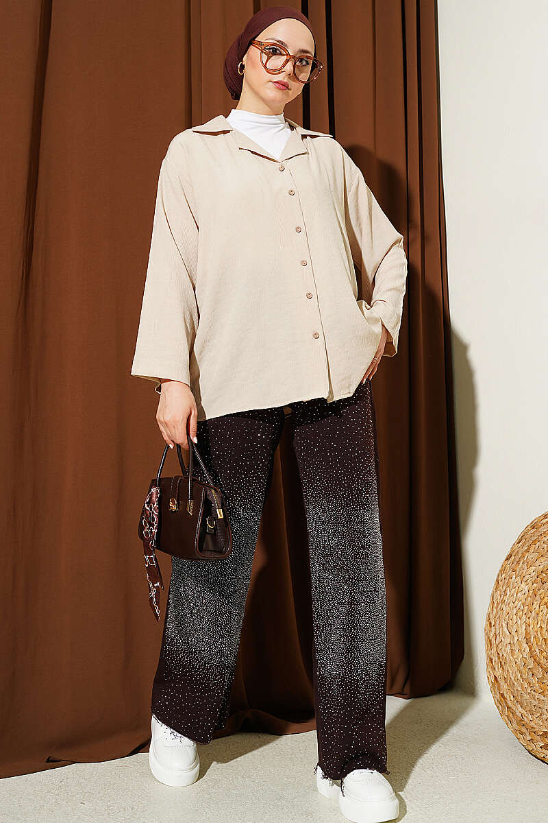 Loose Wrap-Collar Shirt - Beige