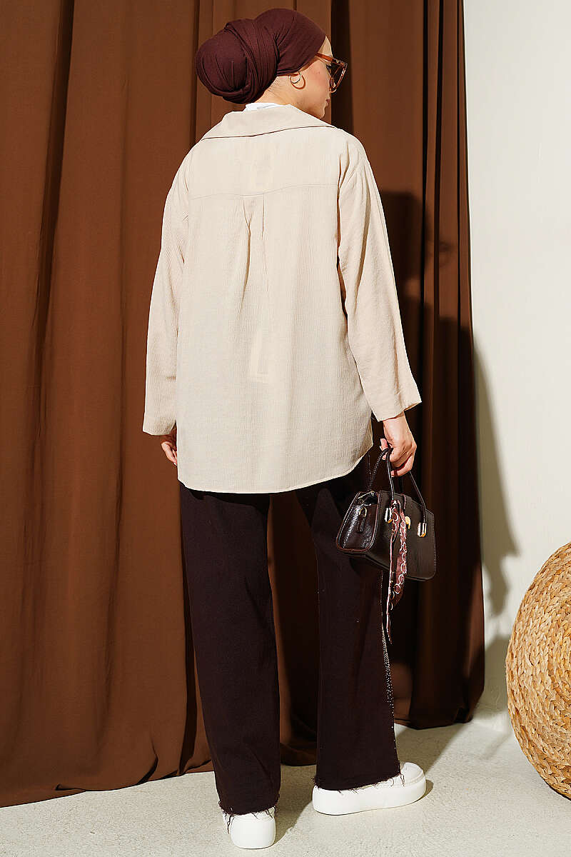 Loose Wrap-Collar Shirt - Beige