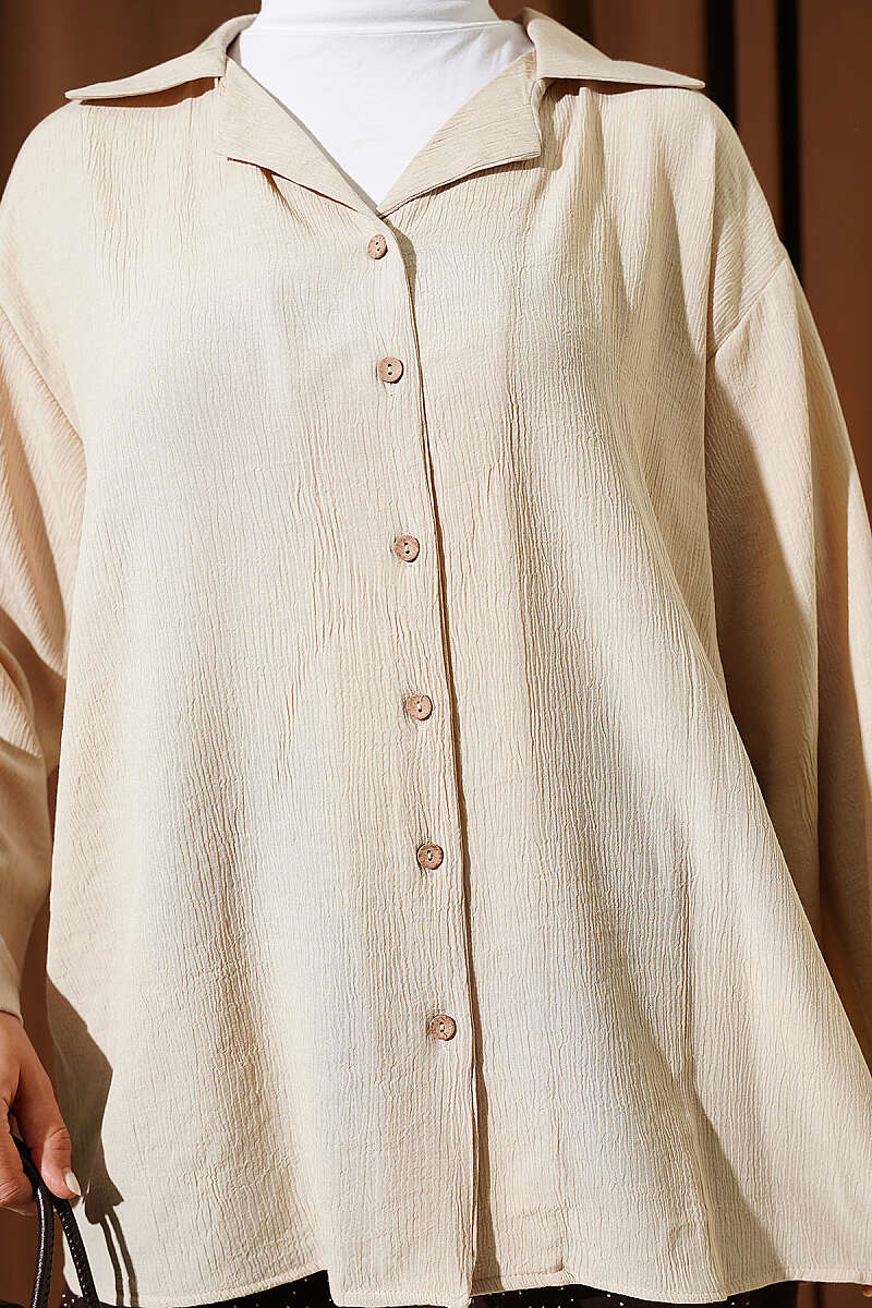 Loose Wrap-Collar Shirt - Beige
