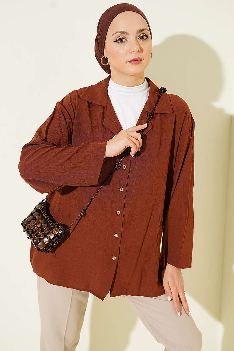 Loose Wrap-Collar Shirt - Brown