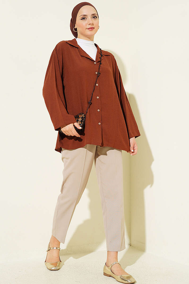 Loose Wrap-Collar Shirt - Brown