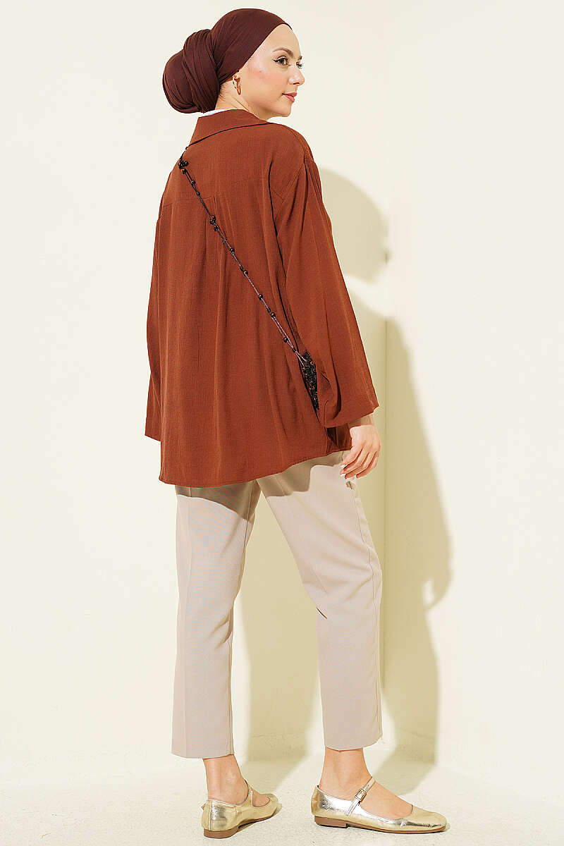 Loose Wrap-Collar Shirt - Brown