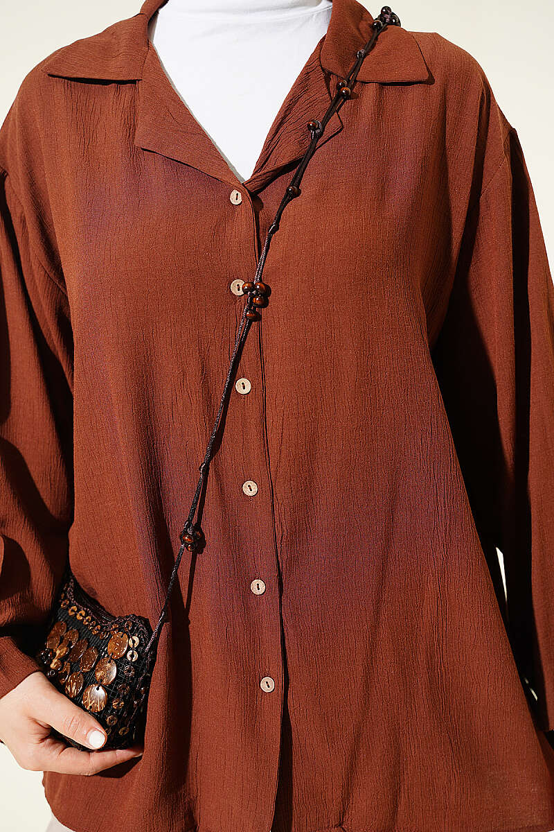 Loose Wrap-Collar Shirt - Brown