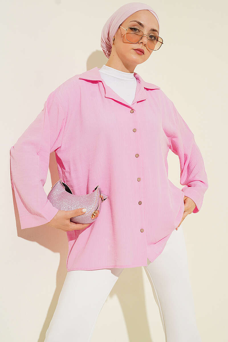 Loose Wrap-Collar Shirt - Pink