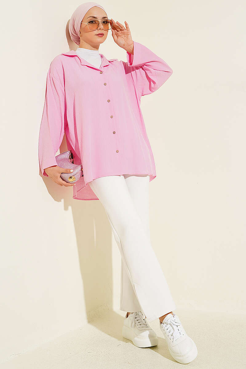 Loose Wrap-Collar Shirt - Pink