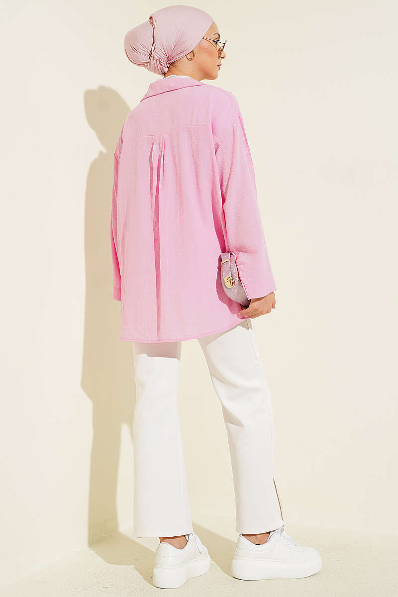Loose Wrap-Collar Shirt - Pink