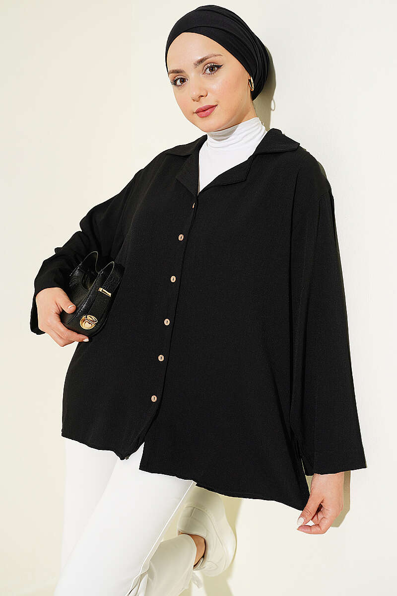 Loose Wrap-Collar Shirt - Black