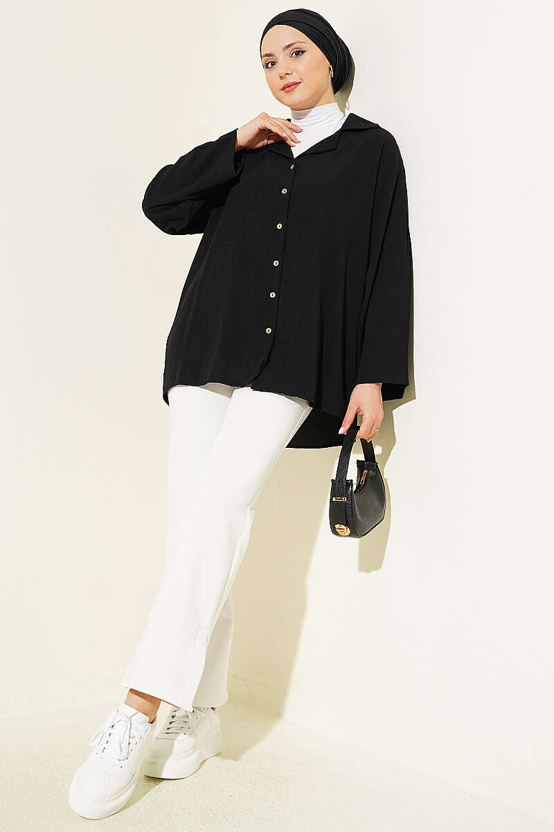 Loose Wrap-Collar Shirt - Black