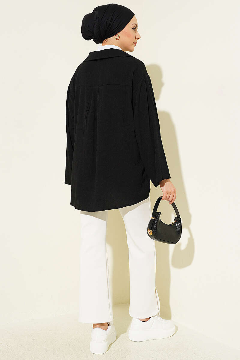 Loose Wrap-Collar Shirt - Black