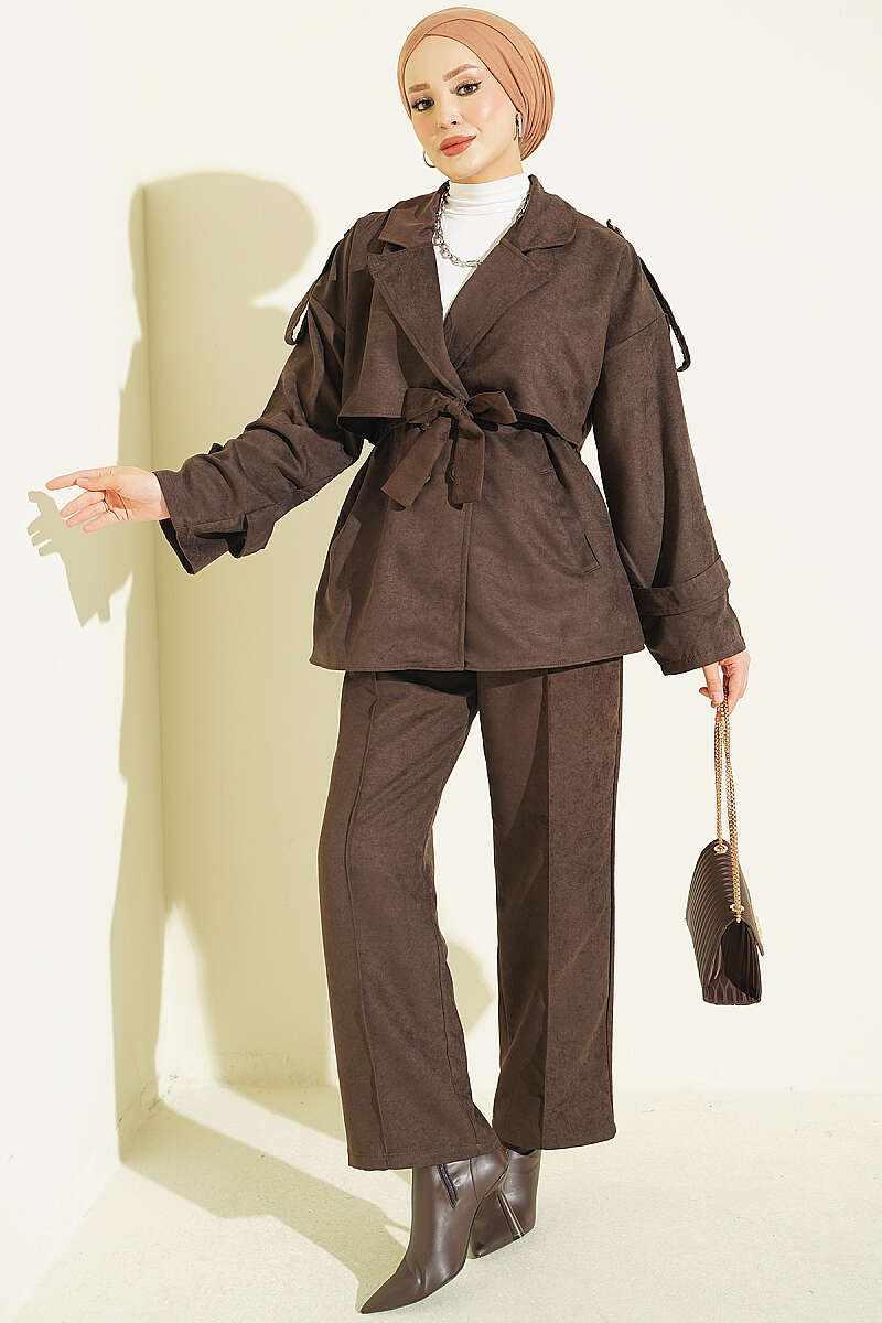 Two-Piece Set with Wrap-Collar Suede Jacket - Dark Brown