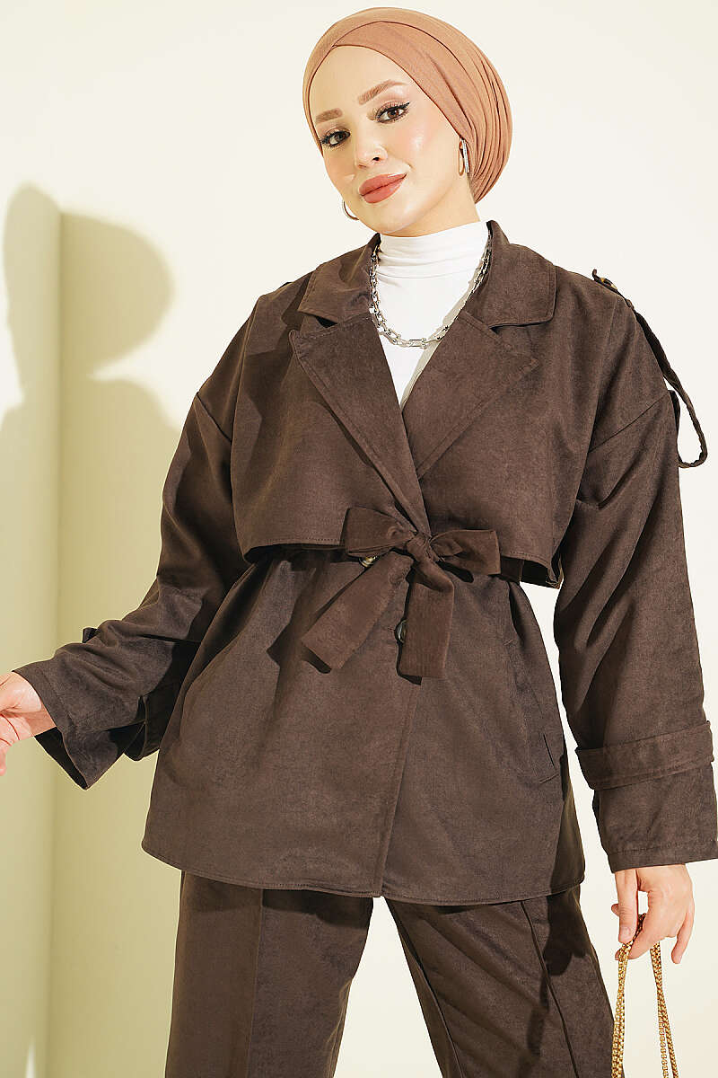 Two-Piece Set with Wrap-Collar Suede Jacket - Dark Brown