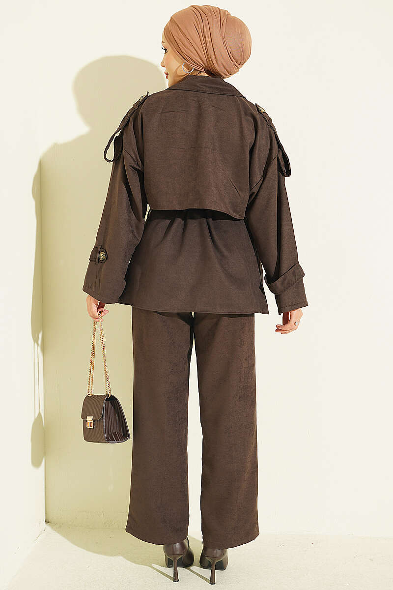 Two-Piece Set with Wrap-Collar Suede Jacket - Dark Brown