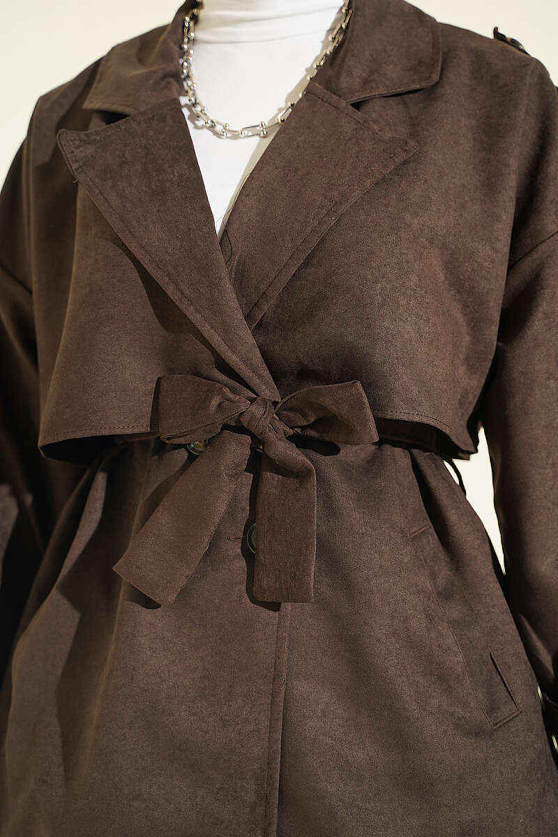 Two-Piece Set with Wrap-Collar Suede Jacket - Dark Brown