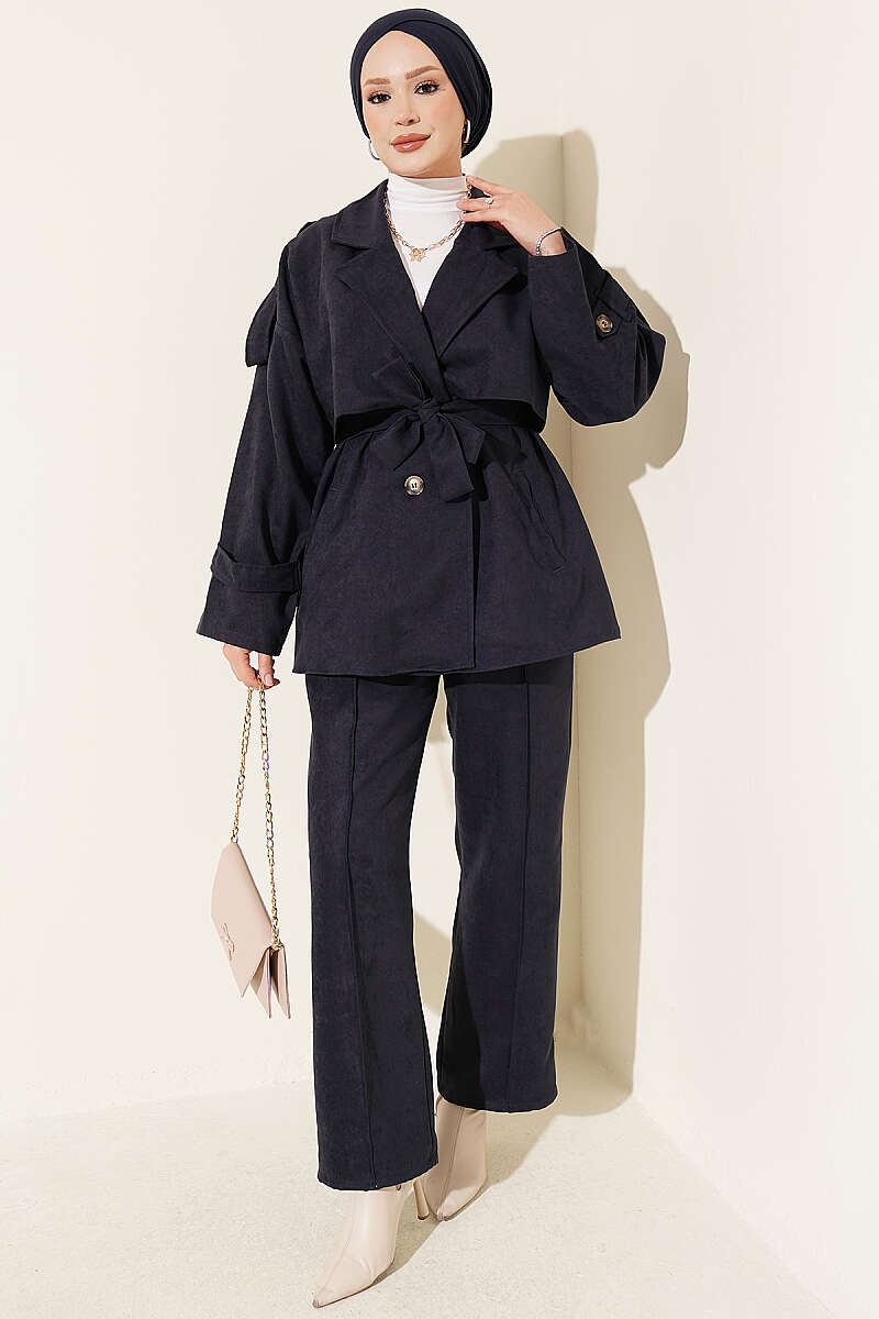 Two-Piece Set with Wrap-Collar Suede Jacket - Navy