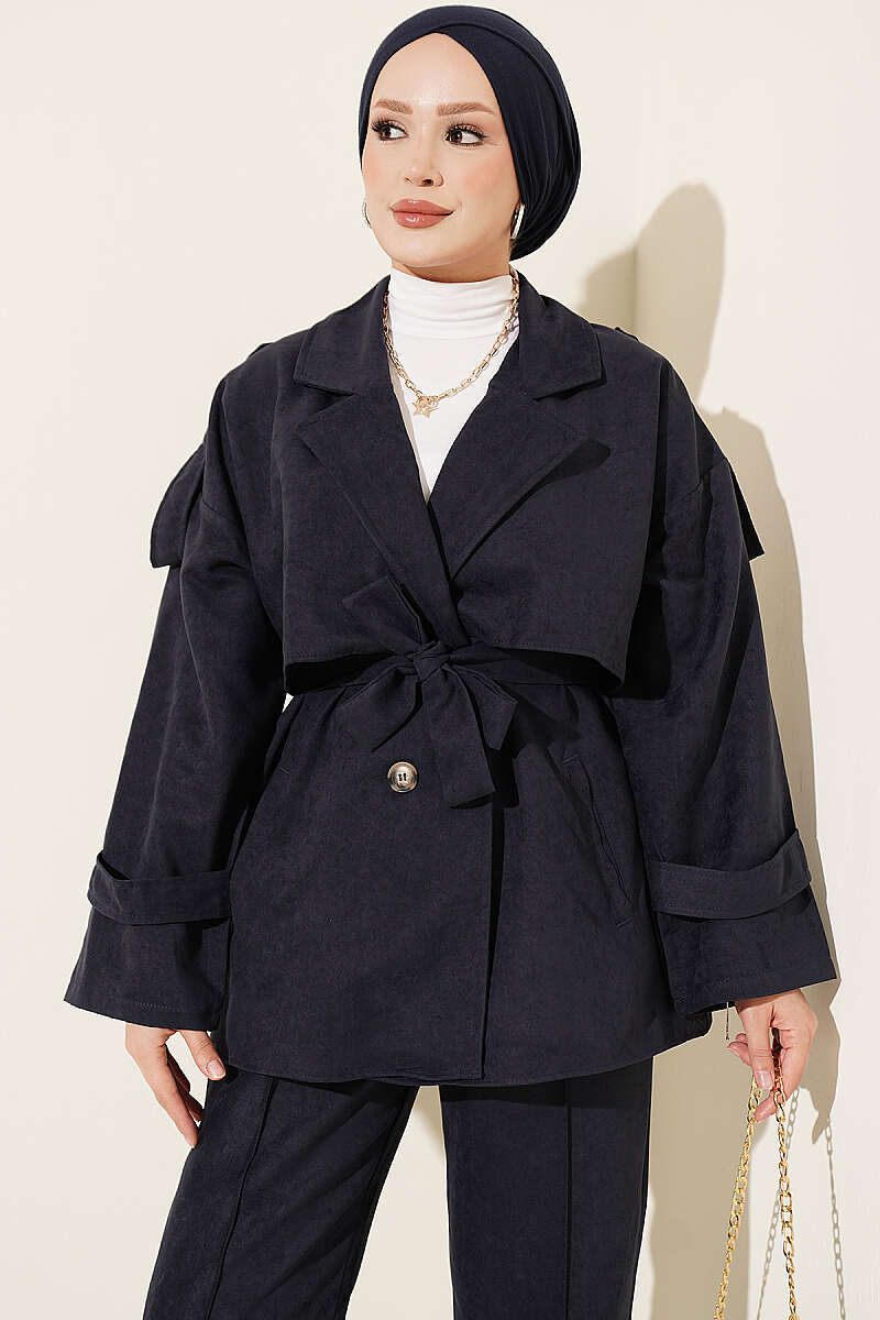 Two-Piece Set with Wrap-Collar Suede Jacket - Navy