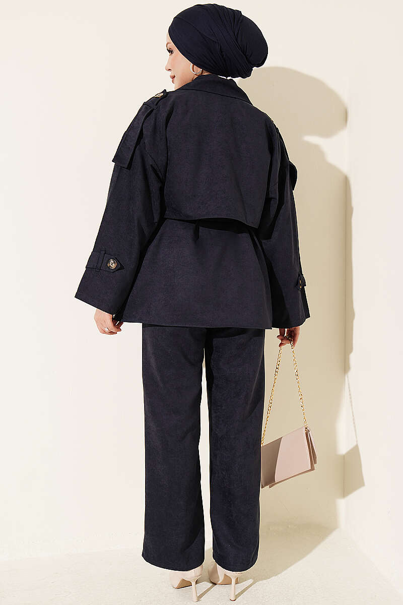 Two-Piece Set with Wrap-Collar Suede Jacket - Navy