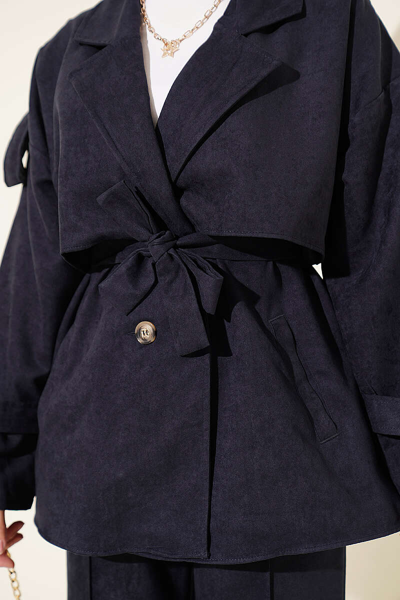 Two-Piece Set with Wrap-Collar Suede Jacket - Navy