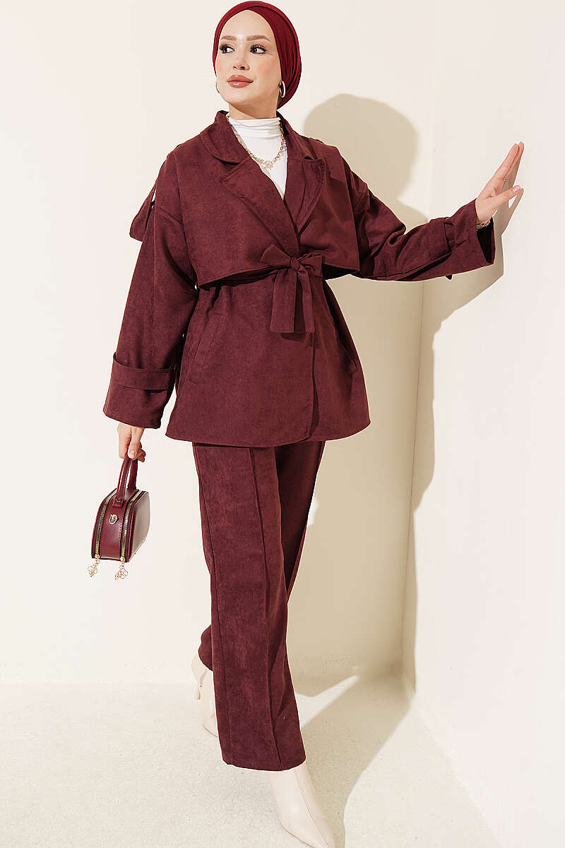Two-Piece Set with Wrap-Collar Suede Jacket - Plum