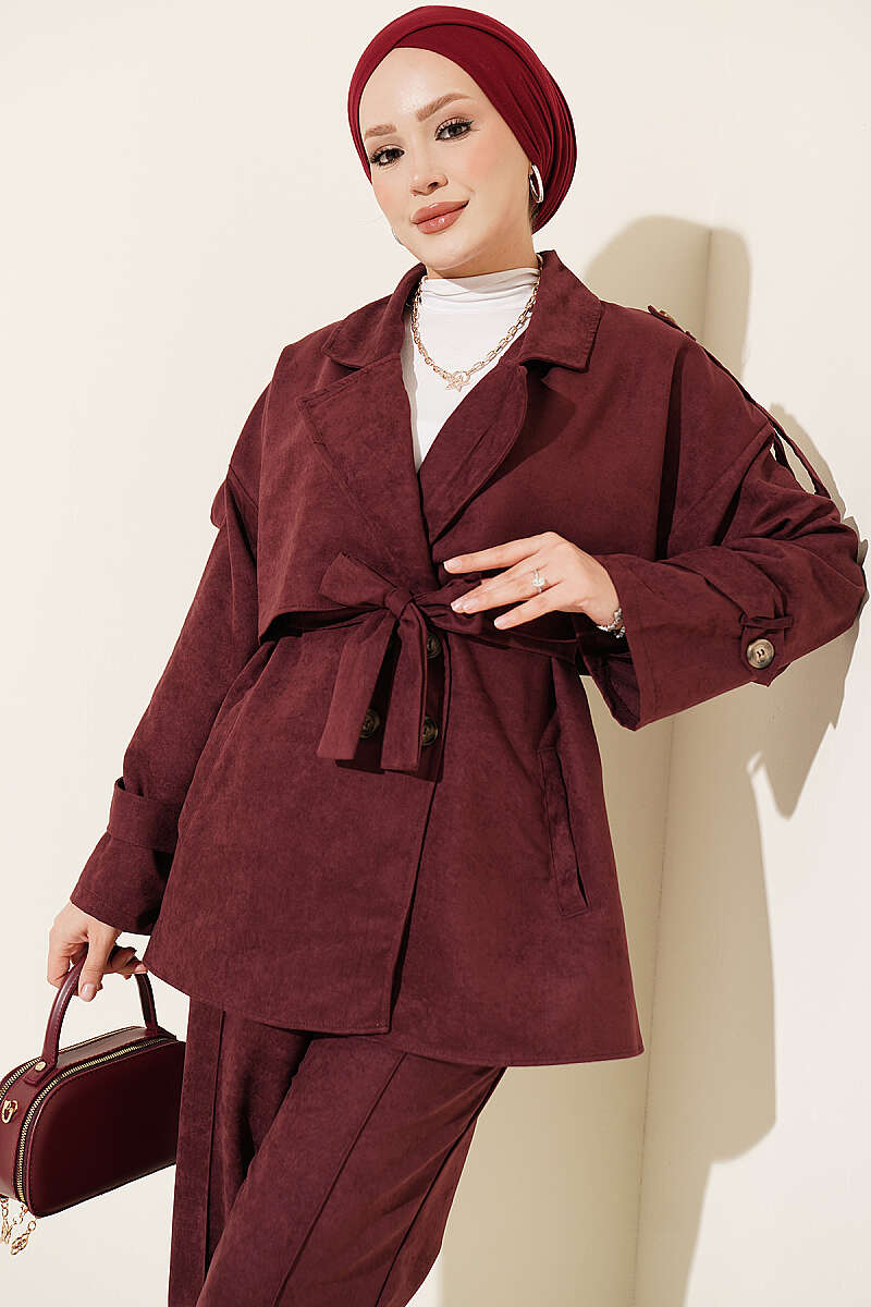 Two-Piece Set with Wrap-Collar Suede Jacket - Plum