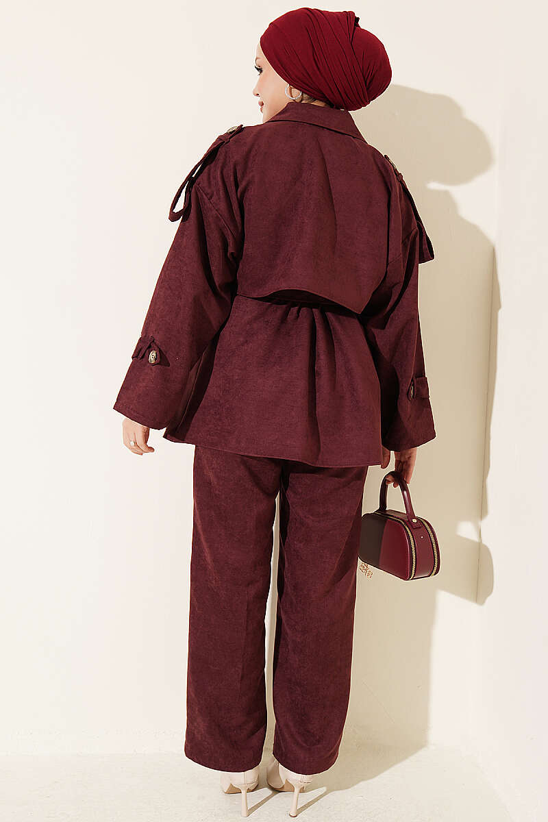Two-Piece Set with Wrap-Collar Suede Jacket - Plum