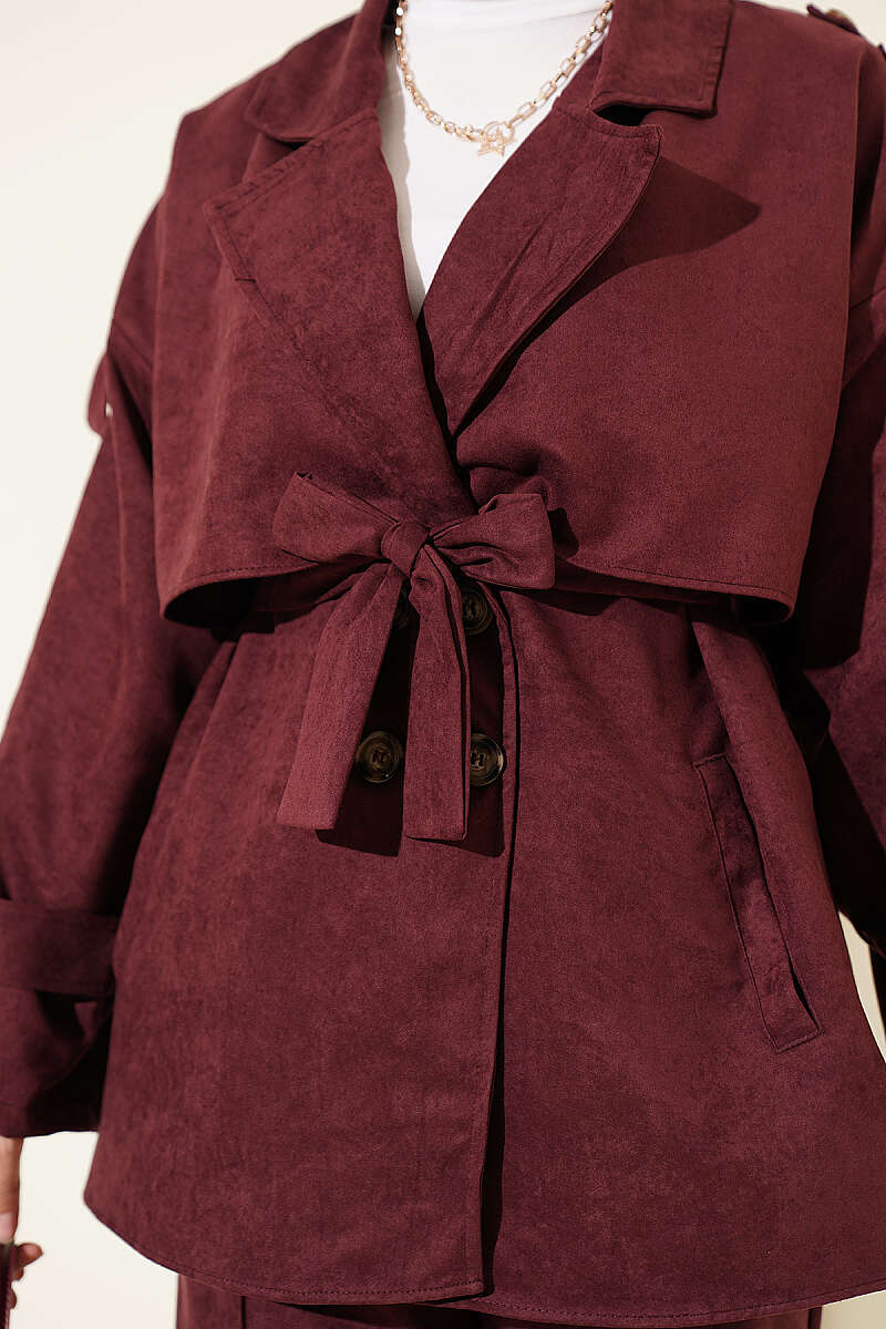 Two-Piece Set with Wrap-Collar Suede Jacket - Plum