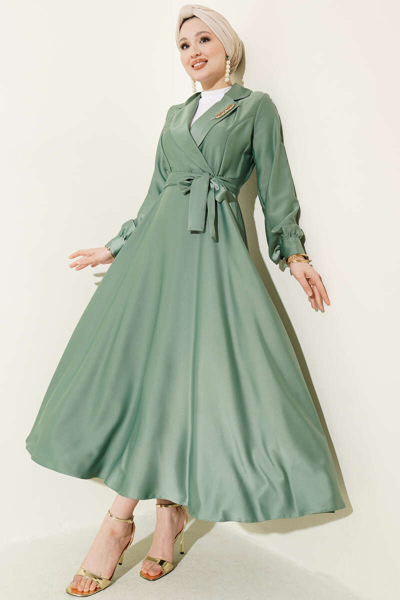 Stone-Embellished Wrap Satin Evening Dress - Almond Green
