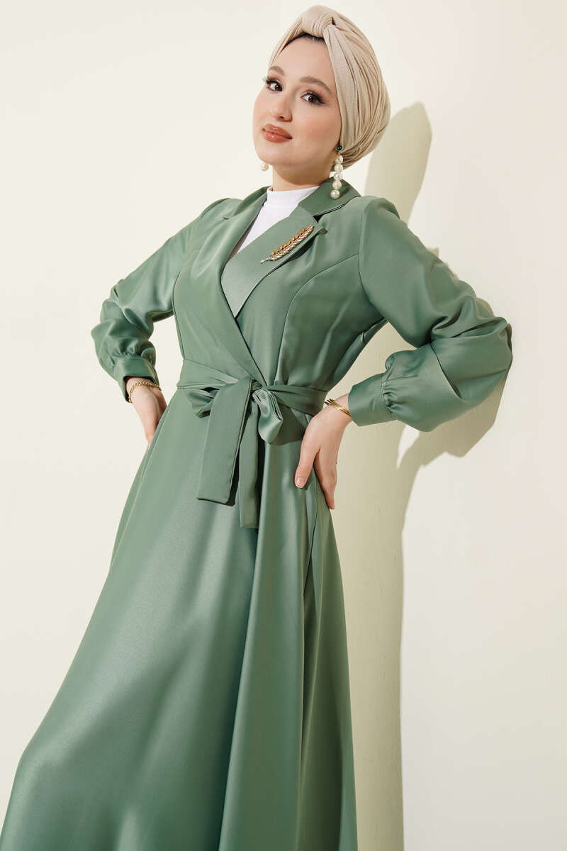 Stone-Embellished Wrap Satin Evening Dress - Almond Green
