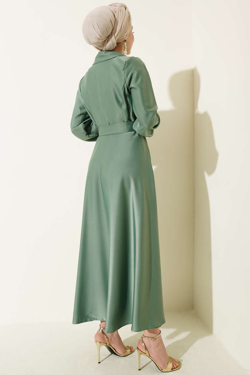 Stone-Embellished Wrap Satin Evening Dress - Almond Green