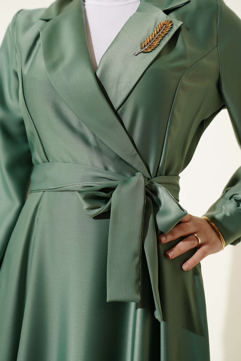 Stone-Embellished Wrap Satin Evening Dress - Almond Green