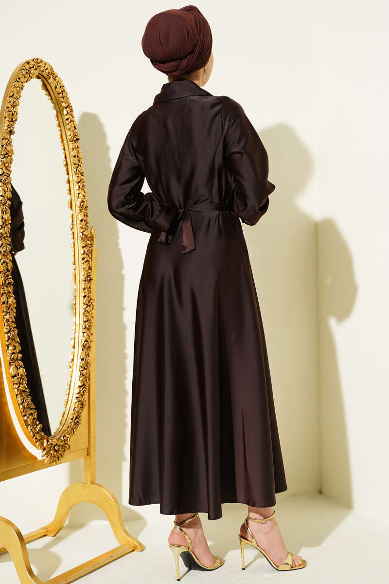 Stone-Embellished Wrap Satin Evening Dress - Brown