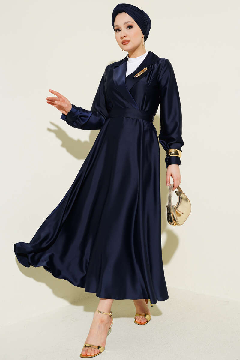Stone-Embellished Wrap Satin Evening Dress - Navy