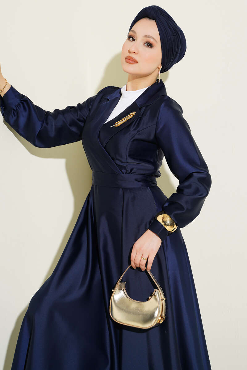 Stone-Embellished Wrap Satin Evening Dress - Navy