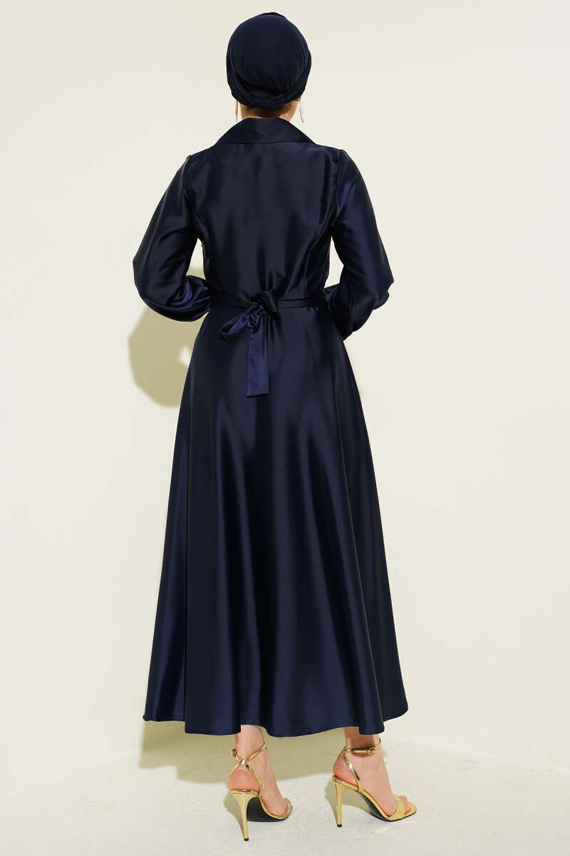 Stone-Embellished Wrap Satin Evening Dress - Navy