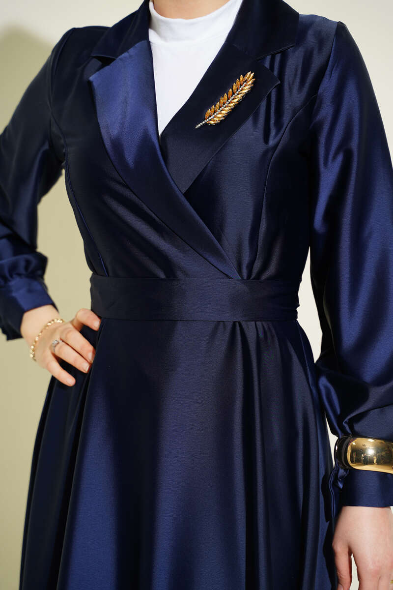 Stone-Embellished Wrap Satin Evening Dress - Navy