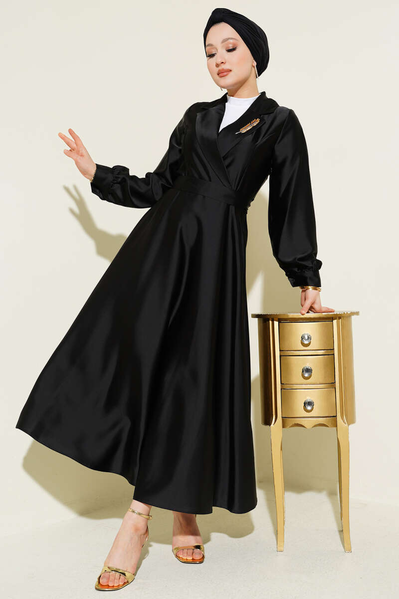 Stone-Embellished Wrap Satin Evening Dress - Black
