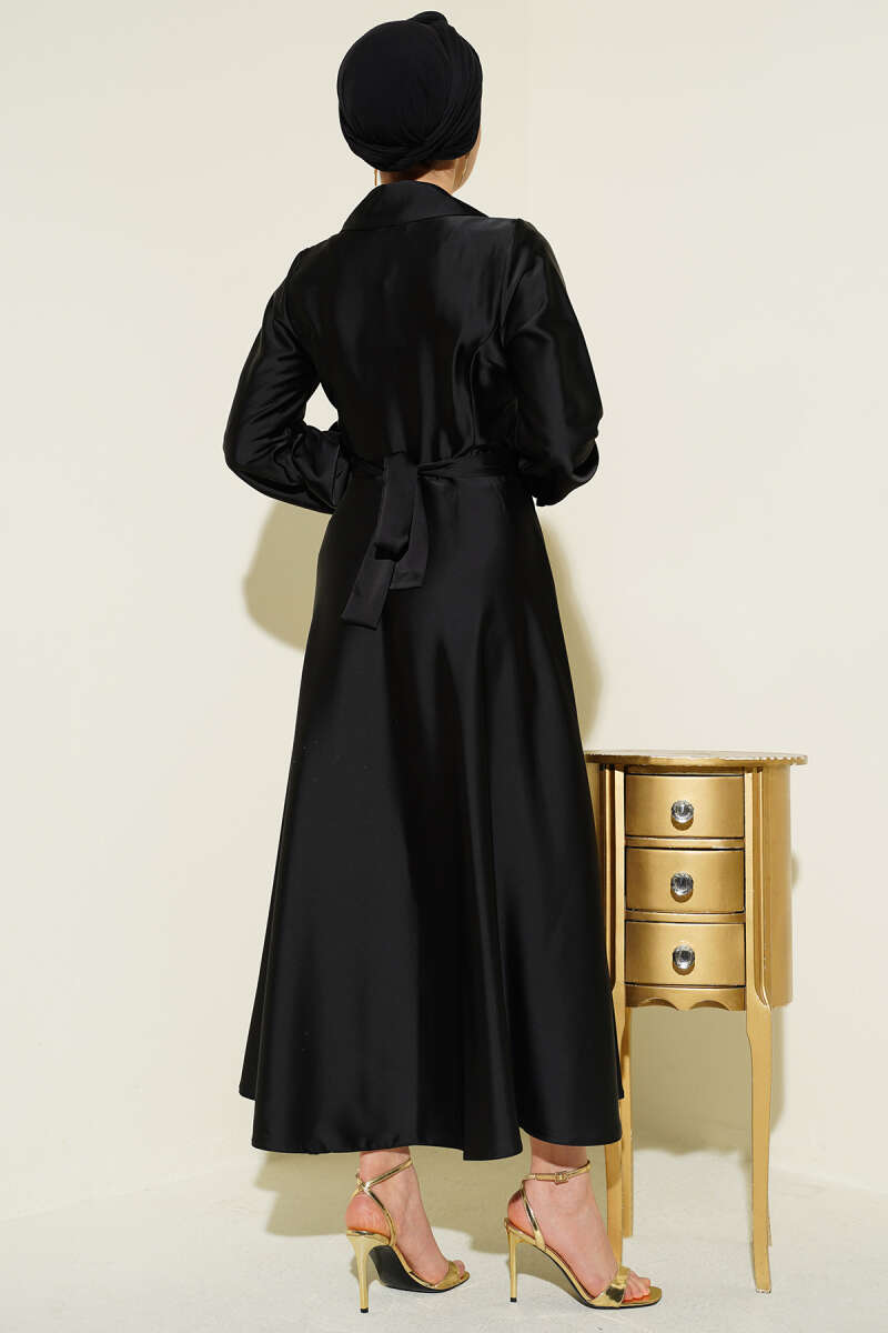 Stone-Embellished Wrap Satin Evening Dress - Black