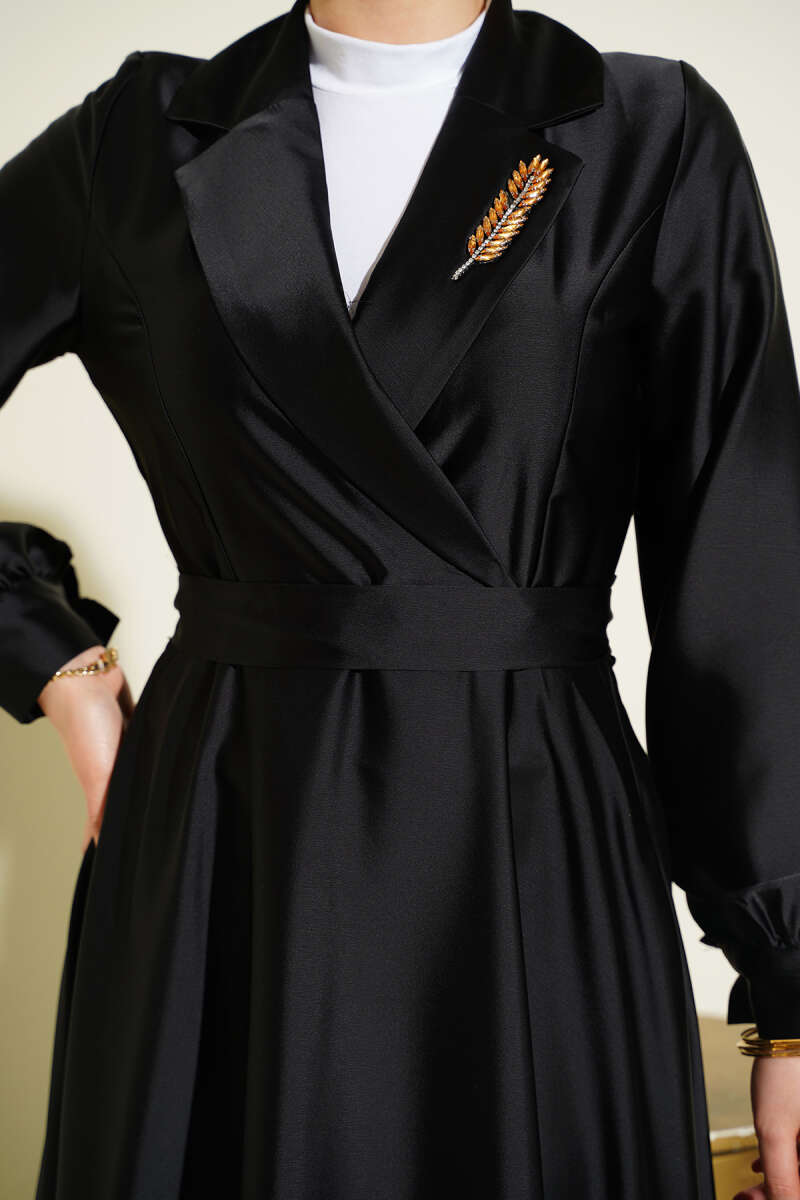Stone-Embellished Wrap Satin Evening Dress - Black