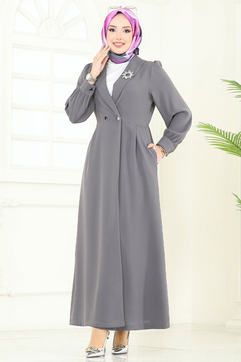 Double-Breasted Modest Crepe Cape Coat - Charcoal