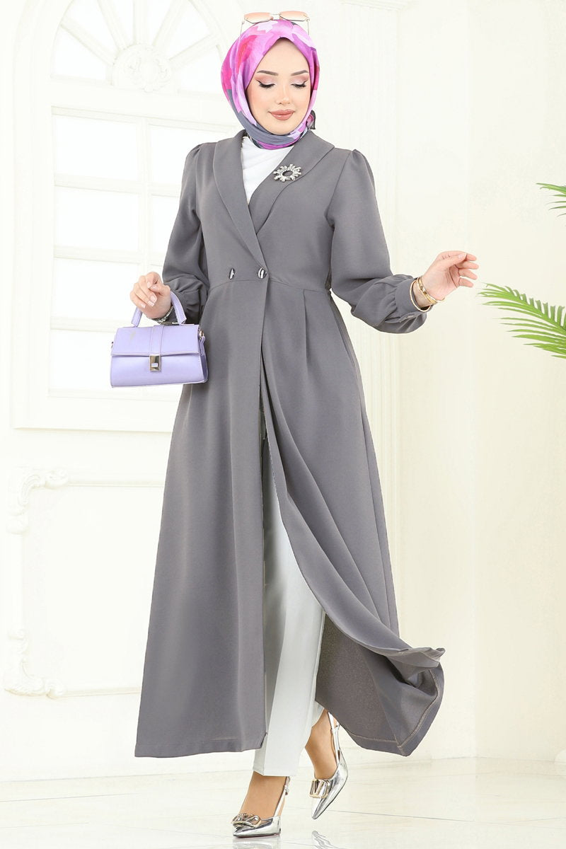 Double-Breasted Modest Crepe Cape Coat - Charcoal