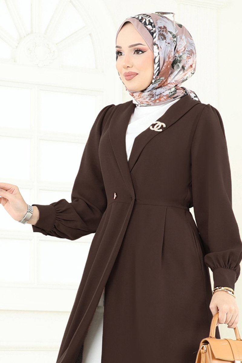 Double-Breasted Modest Crepe Cape Coat - Brown