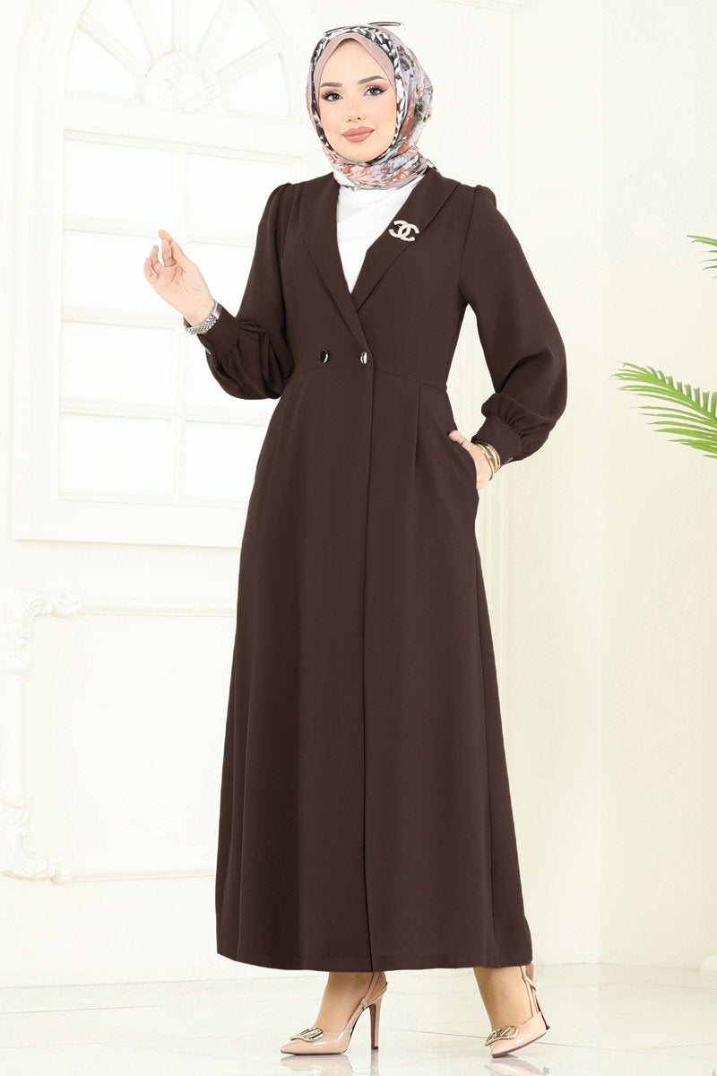 Double-Breasted Modest Crepe Cape Coat - Brown