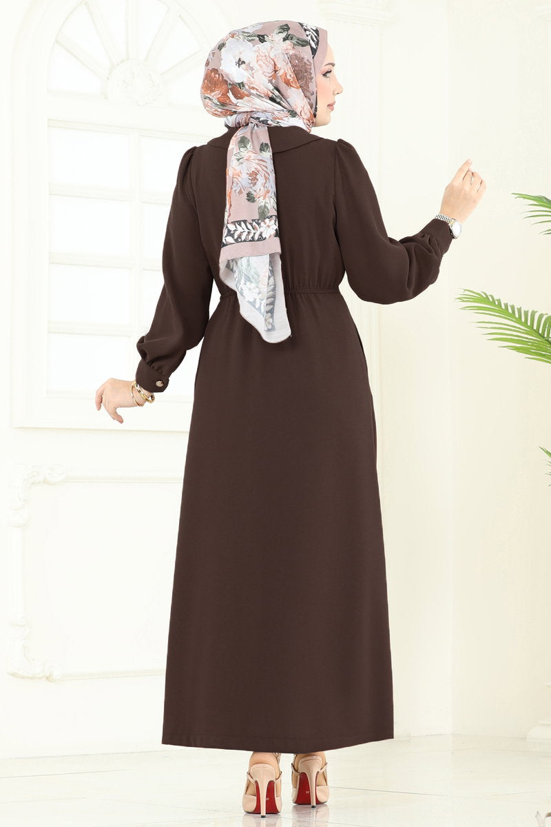 Double-Breasted Modest Crepe Cape Coat - Brown