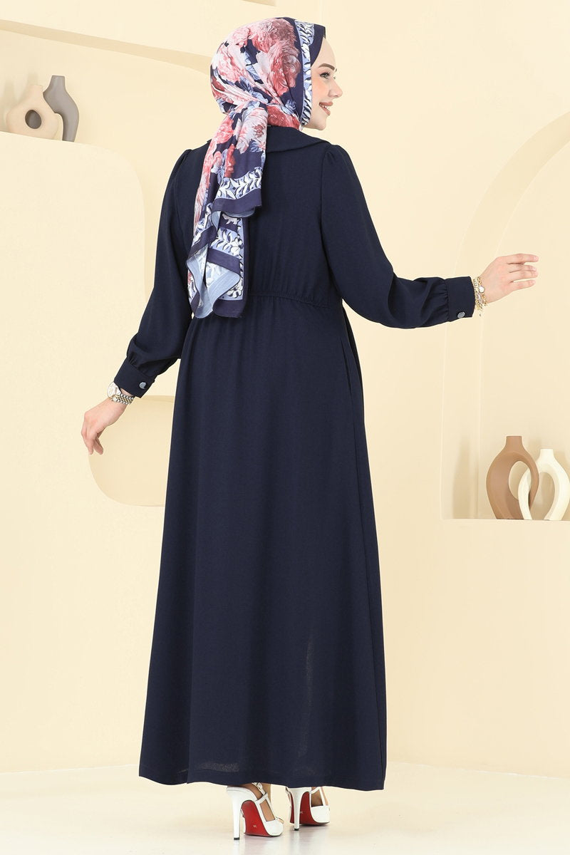 Double-Breasted Modest Crepe Cape Coat - Navy