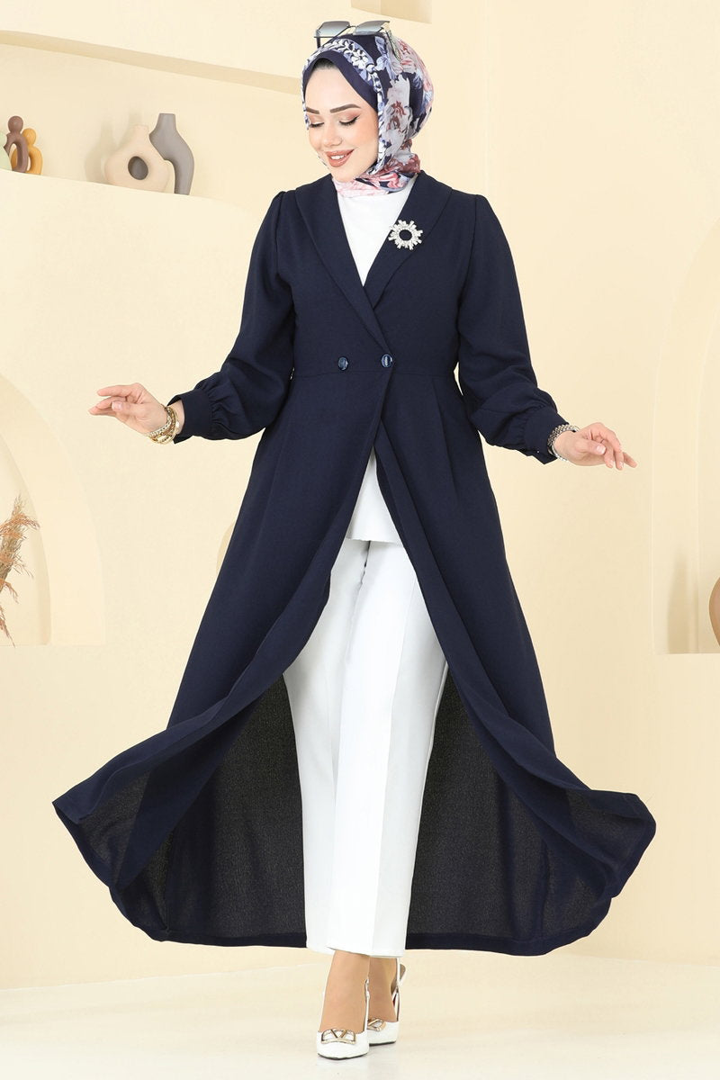Double-Breasted Modest Crepe Cape Coat - Navy