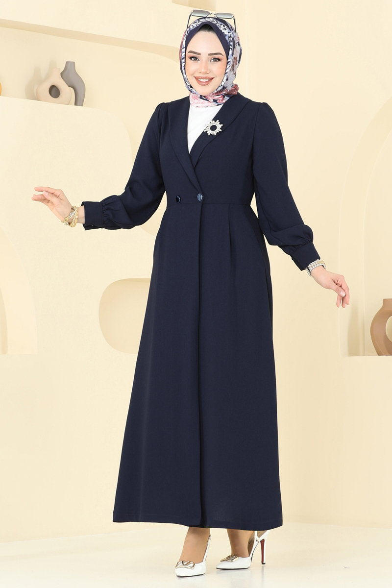 Double-Breasted Modest Crepe Cape Coat - Navy