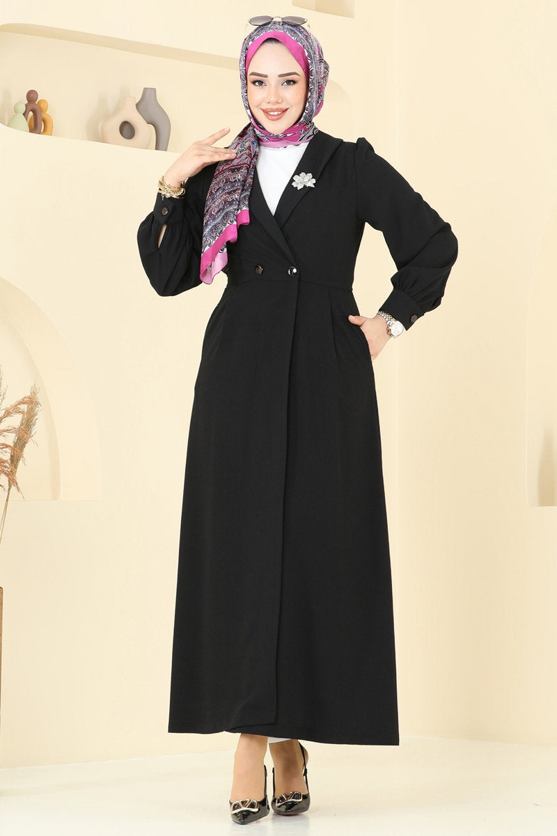 Double-Breasted Modest Crepe Cape Coat - Black