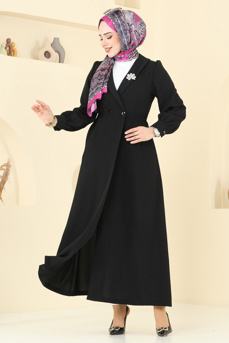 Double-Breasted Modest Crepe Cape Coat - Black